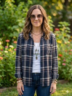 Lucky Brand Navy and Blush Plaid Shirt